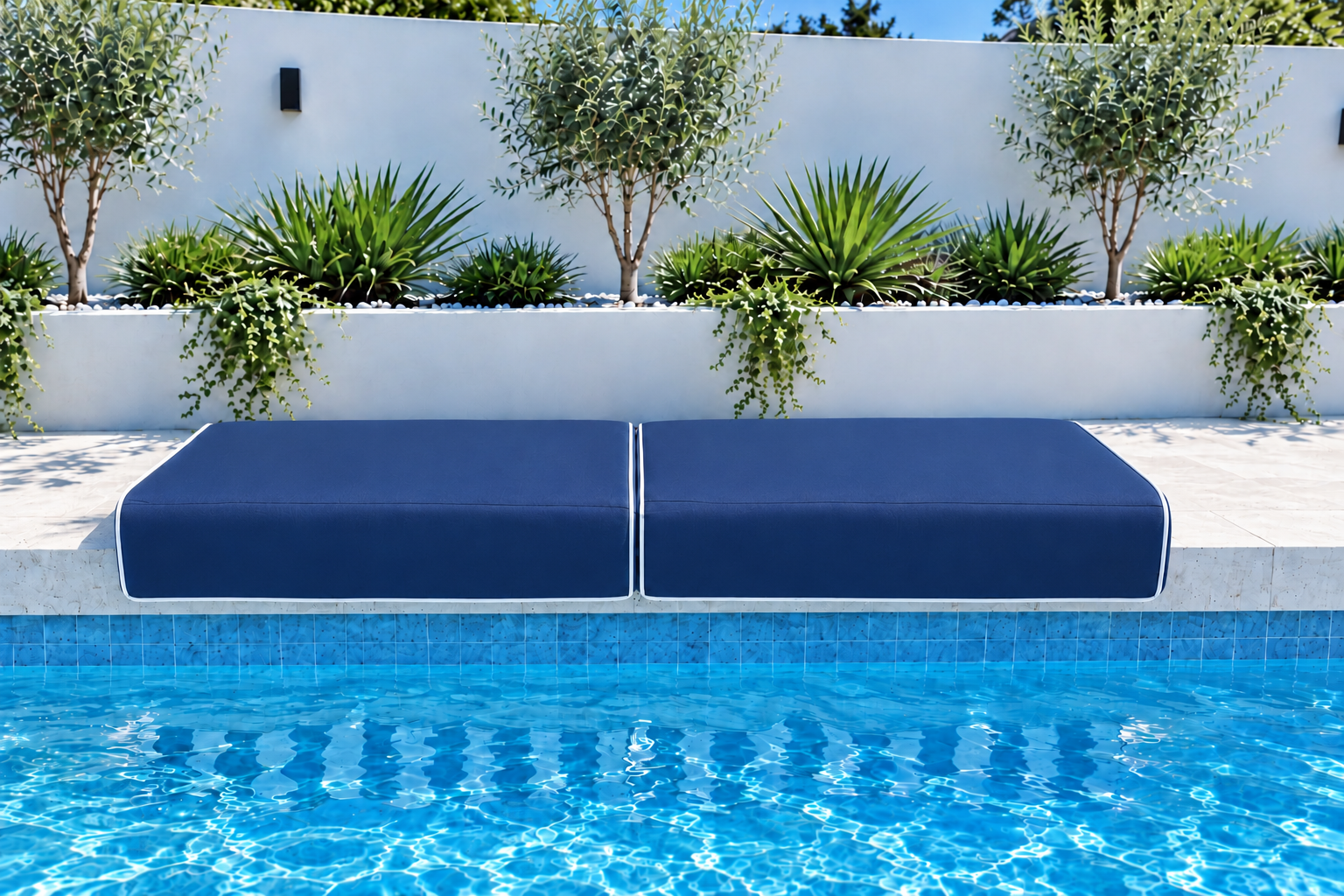 Two solid blue Pelagos Large Akti cushions with white piping beside the pool