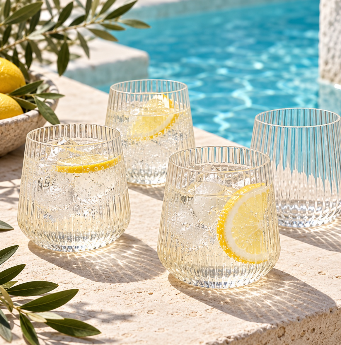 Four ribbed poolside tumblers with lemon slices on sunlit stone beside a pool
