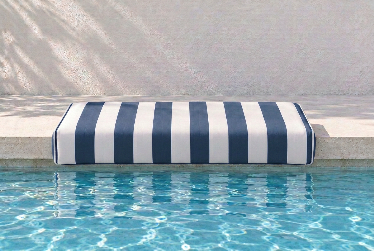 Aegean Blue and white striped Akti cushion fitted over pool coping
