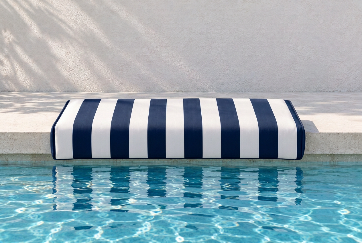 Aegean Navy and white striped Akti cushion fitted over pool coping