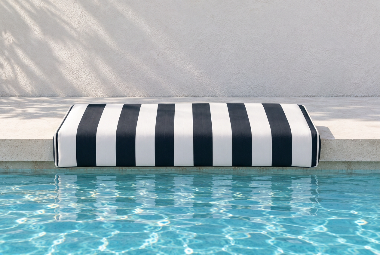Mykonos Midnight and white striped Akti cushion fitted over pool coping