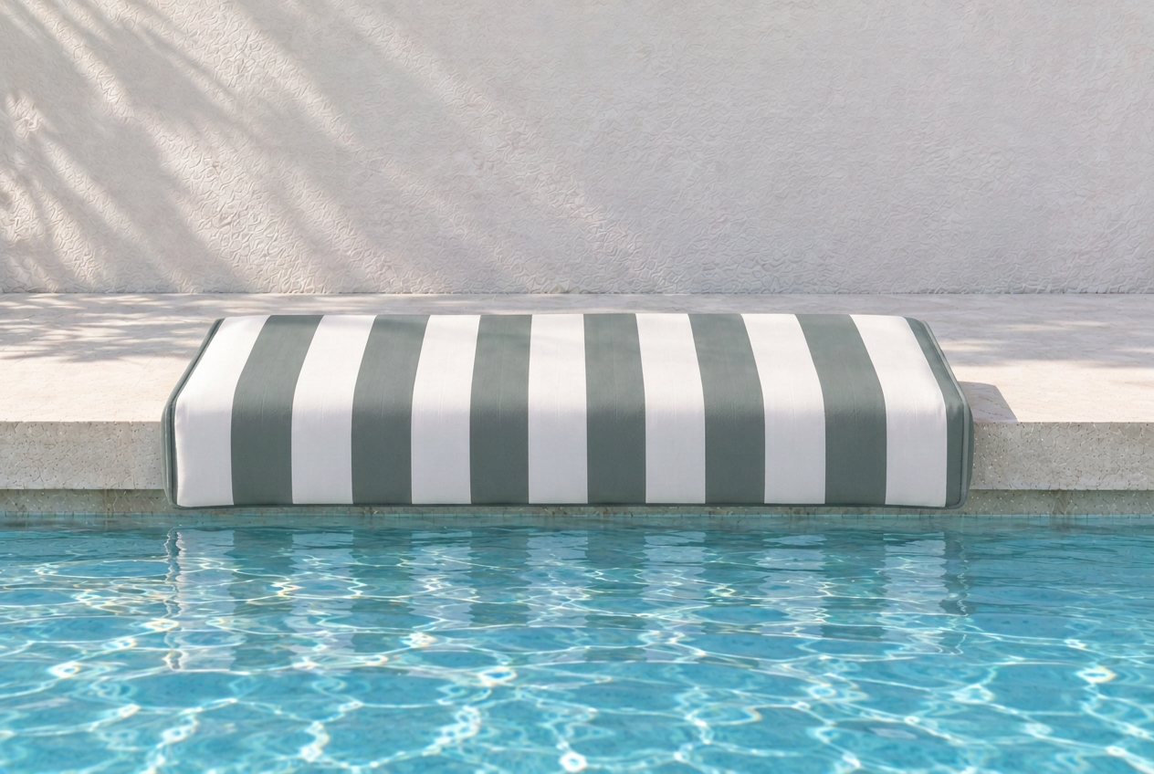 Muted grey-green Olive Grove and white striped Akti cushion fitted over pool coping