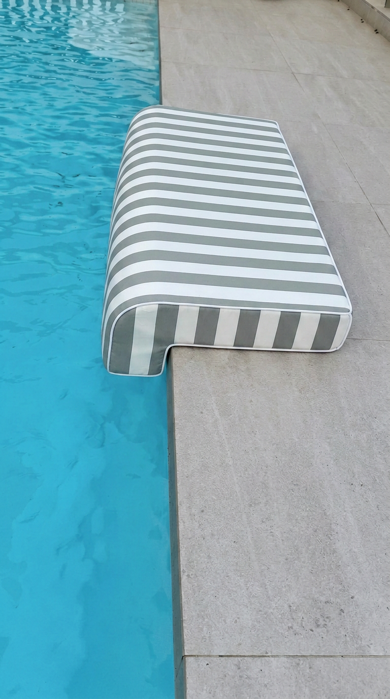 Olive Grove striped Akti cushion laid along sunlit pool coping
