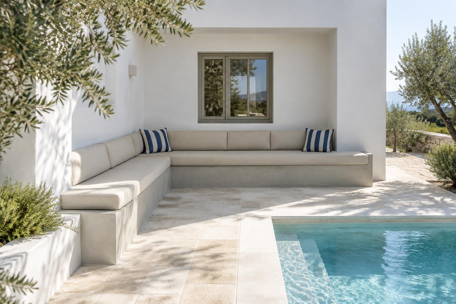 Corner bench cushions below a villa window