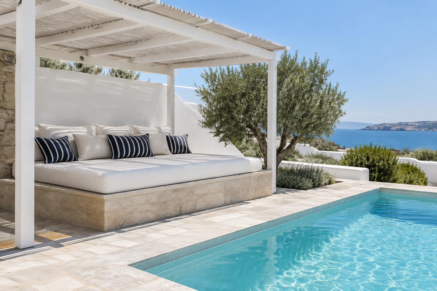 Custom outdoor daybed beneath a Mediterranean pergola