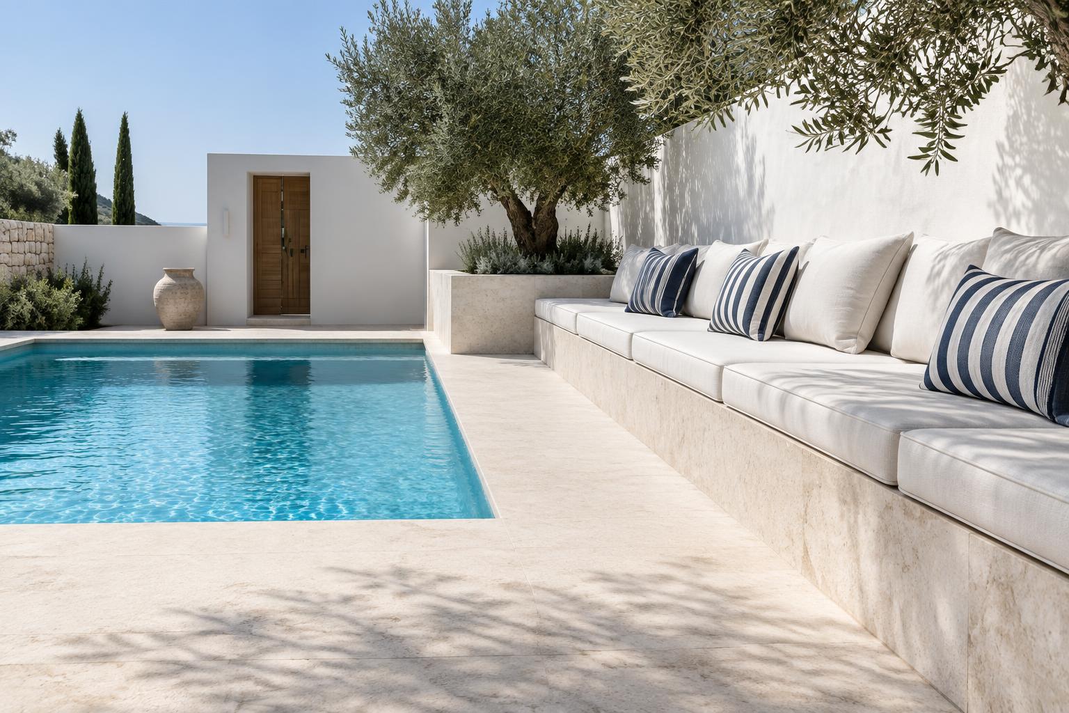 Architectural pool and long built-in seating
