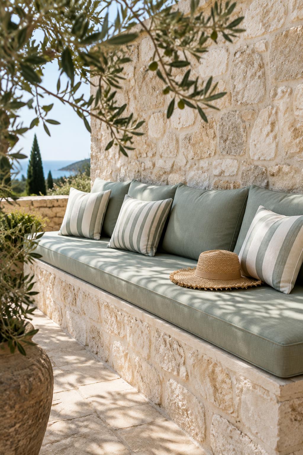 Sage outdoor cushions on a long stone bench