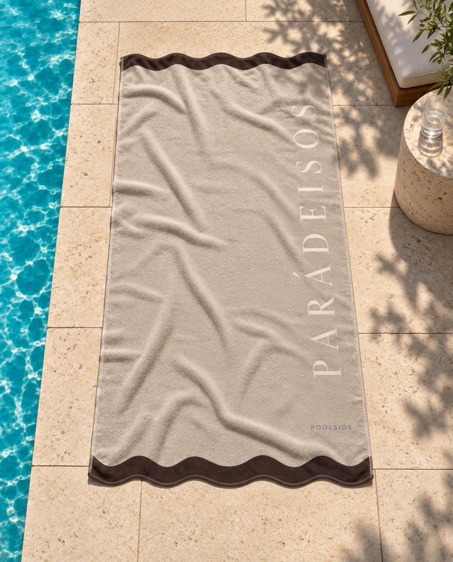 Oversized sand cotton towel with a chocolate scalloped border laid on pale stone beside a turquoise pool