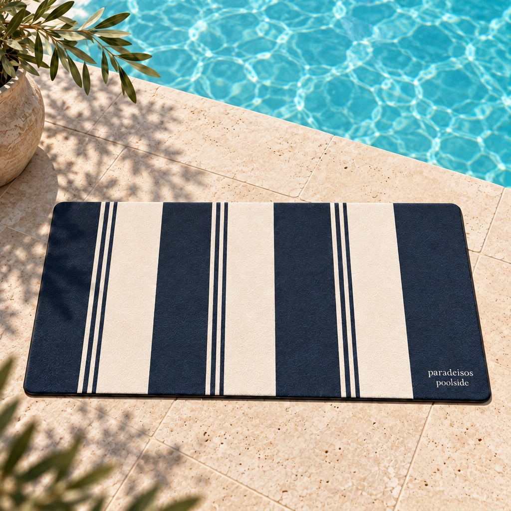 Aegean Navy striped poolside mat laid on pale stone coping beside a sunlit pool