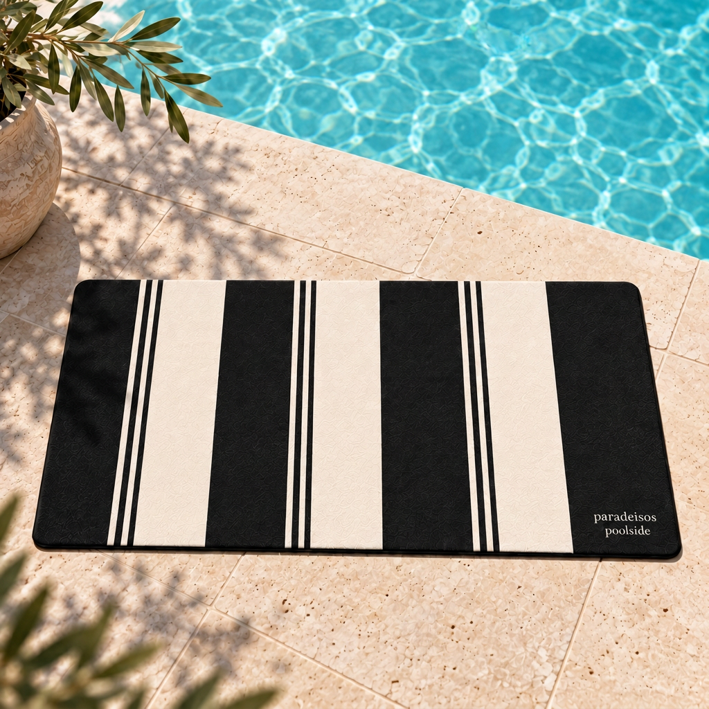 Black and white striped Paralia poolside mat on pale stone