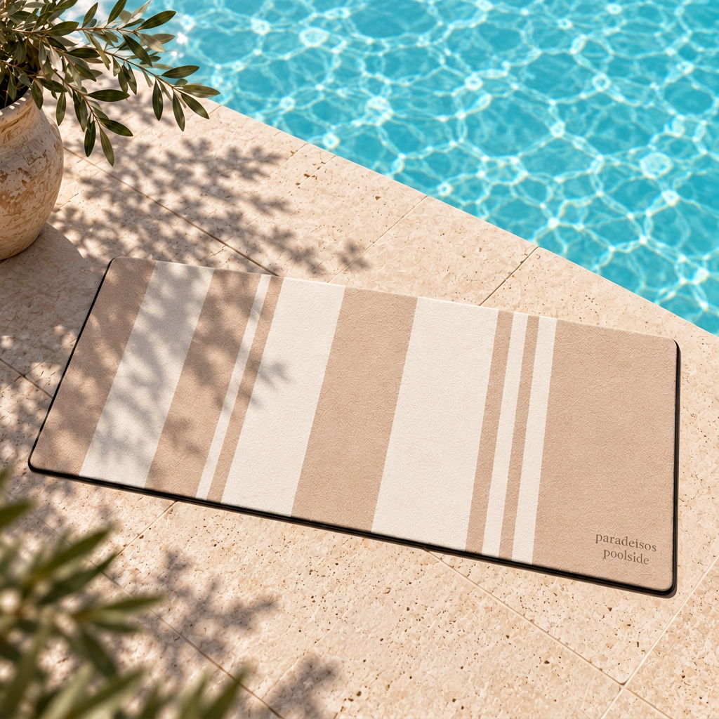 Beige and white striped Paralia poolside mat on pale stone